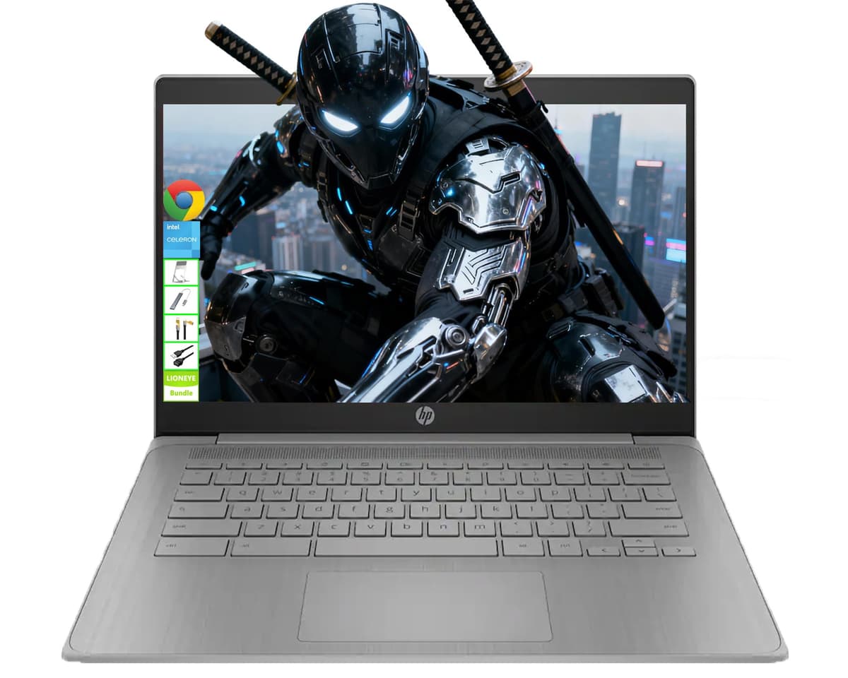 HP Chromebook 14" Modelo 2025, Intel Celeron N4500, 4GB RAM, 64GB eMMC + USB Flash Drive 64GB, Wi-Fi 6 y Bluetooth 5.3, pantalla HD antirreflejo 1366×768, Chrome OS, para estudiantes y uso diario, paquete LE 14a-ne1013dx