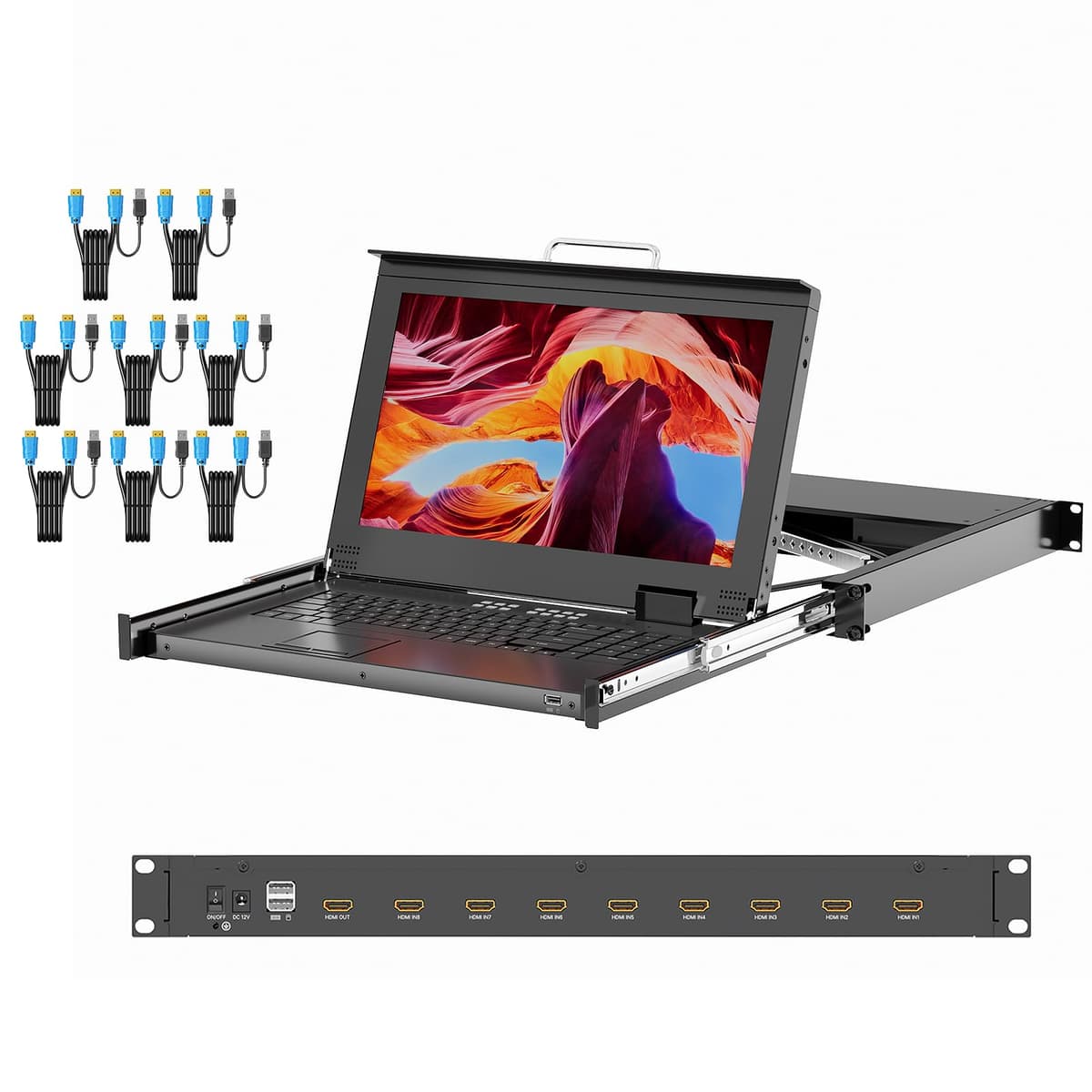 Consola KVM 1U Arvitek 15.6" HDMI 8 Puertos con Teclado y Touchpad para Rack 23.6-31.5" 8 Port HDMI LED KVM Switches