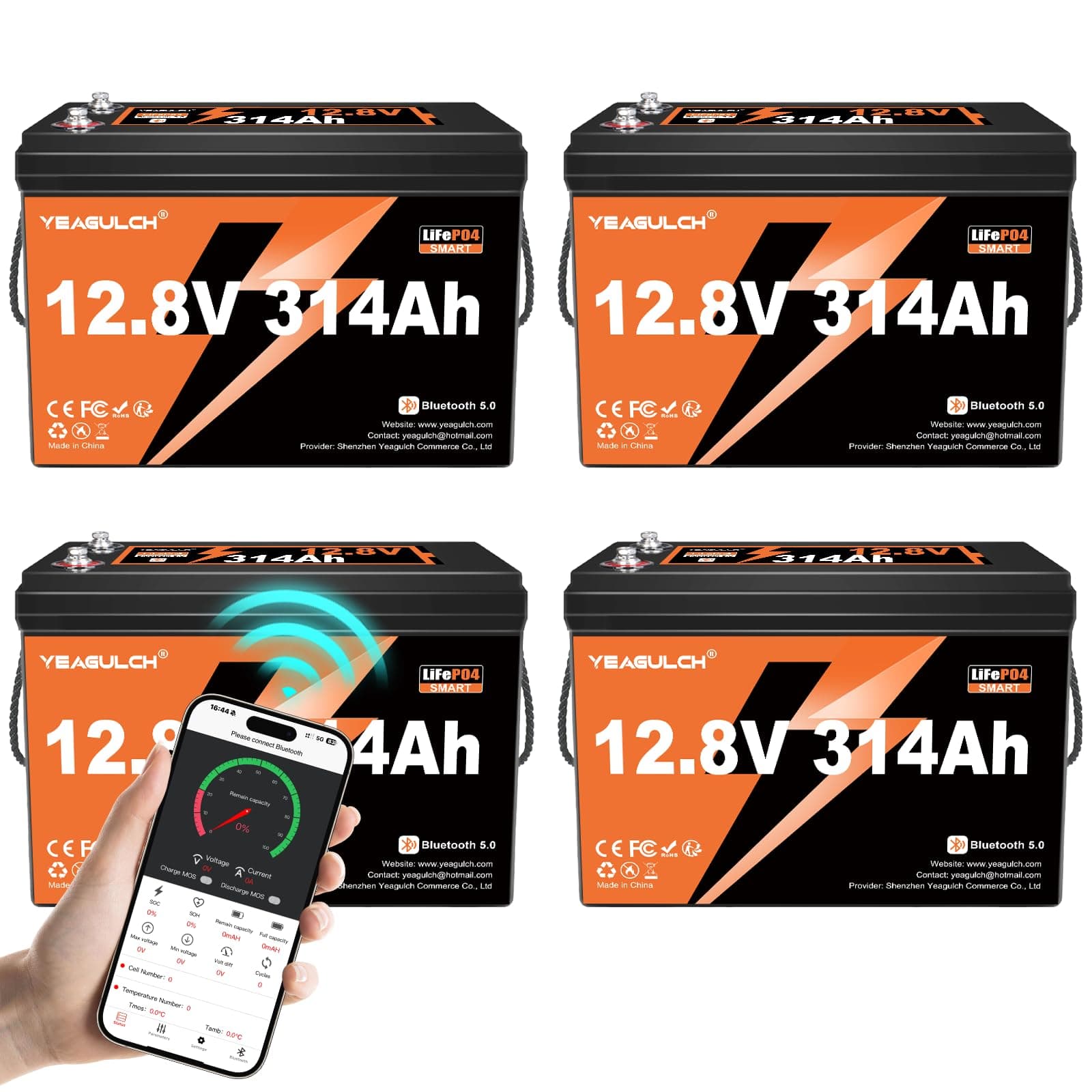 yeagulch 4x Batería LiFePO4 12V 300Ah (314Ah) Bluetooth con BMS 200A 4019.2Wh YS95414