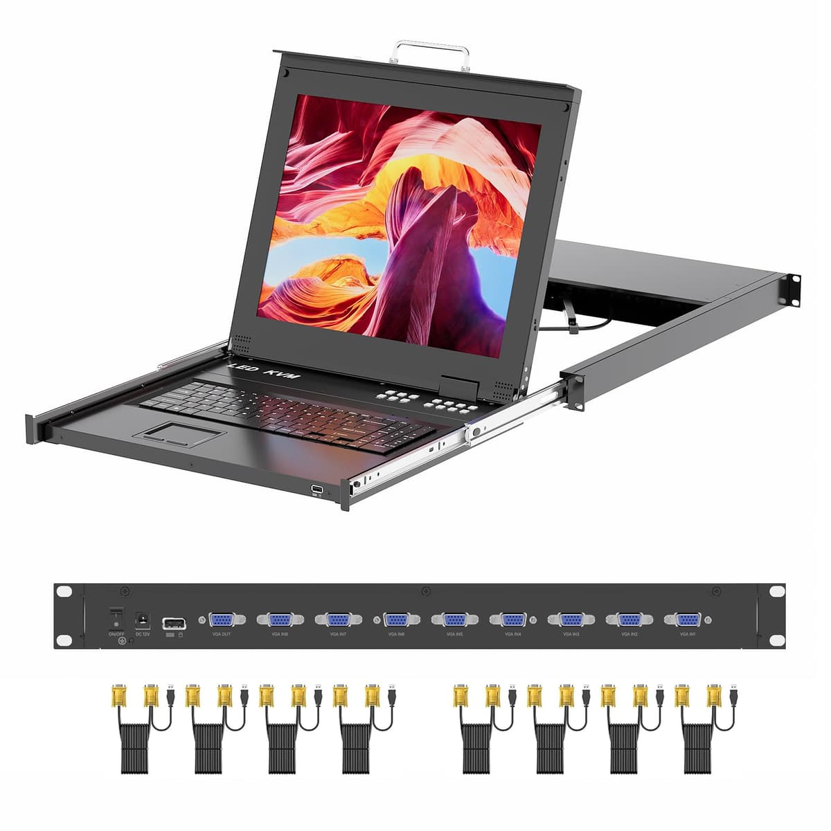 Consola KVM 1U Arvitek 17" LCD VGA 8 puertos con teclado y touchpad, cables incluidos AT-1708UL