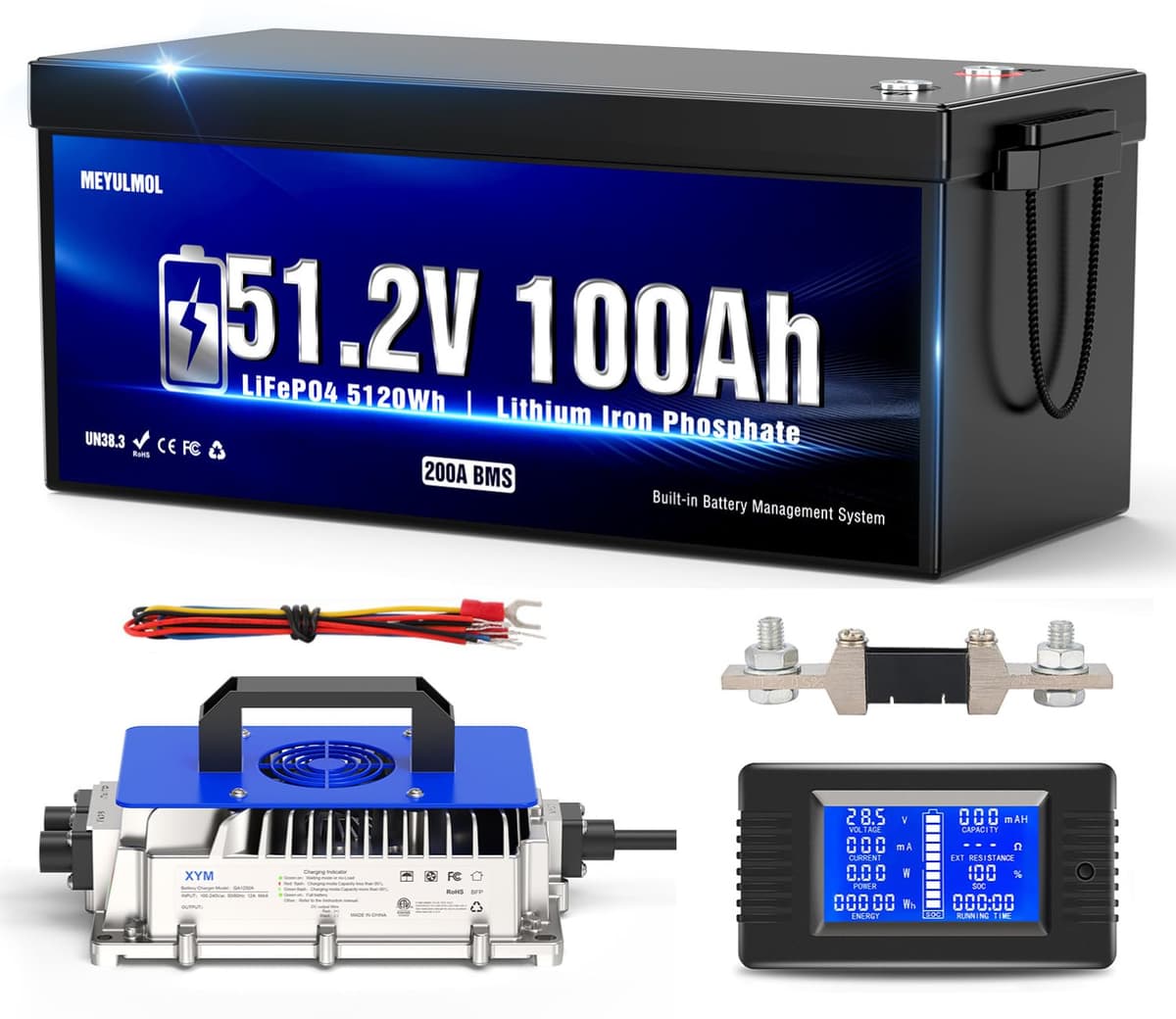 MEYULMOL Batería de litio 48V 100Ah para golf cart con cargador 18A, BMS 200A y monitor LCD 48V100AH-1