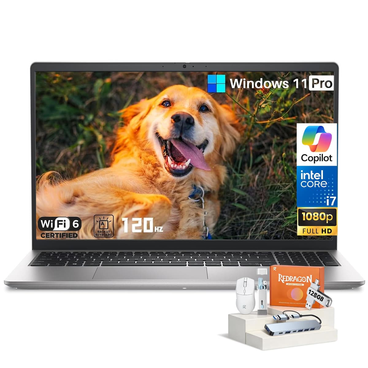 Computadora portátil Dell Windows 11 Pro, Intel i7-1355U (hasta 5.0 GHz), pantalla IPS FHD de 15.6" 120Hz, Intel UHD Graphics, 32 GB RAM, 1 TB SSD, Wi-Fi 6, teclado retroiluminado, lector de huellas, para negocios y estudiantes, DC15250