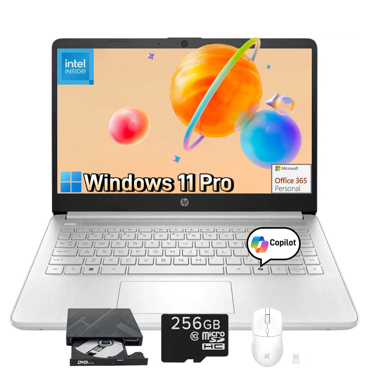 HP 2025 Notebook Pequeña de 14" - Portátil Delgado y Ligero HD • Intel de 4 Núcleos N150 • Windows 11 Pro • 1 Año de Microsoft Office 365 Gratis • Bluetooth • Wi-Fi • 16GB RAM • 128GB UFS + 256GB Tarjeta Micro SD 14-dq6011dx