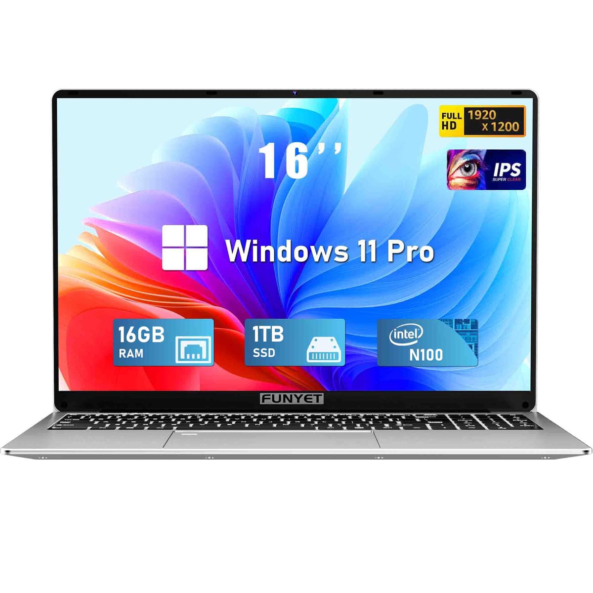 FUNYET Laptop, Computadora para Juegos 2026 Windows 11 Pro, Portátil de 16 Pulgadas, 16GB RAM 1TB SSD, Procesador Intel 12.ª Generación (hasta 3.4 GHz), Teclado Retroiluminado, Desbloqueo por Huella, FHD, 2 Años de Garantía NY-02
