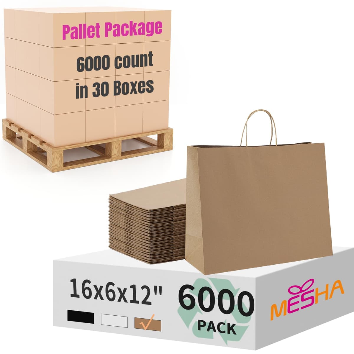 MESHA Gift Paper Bags 16x6x12 Inch - 6,000 pack (Brown)