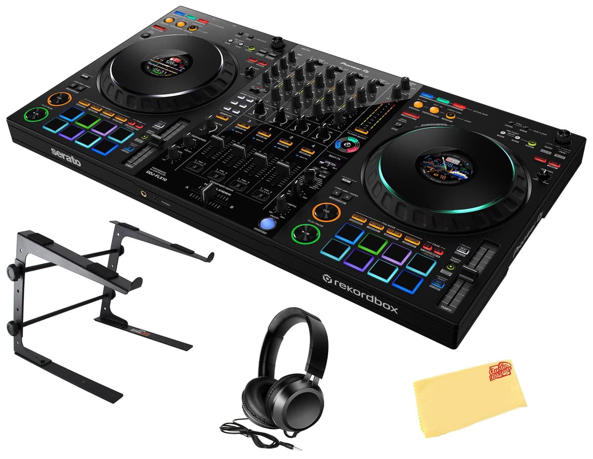 Pioneer DDJ-FLX10 Controlador DJ 4-Canales - Bundle con Soporte para Laptop, Audífonos y Paño AUS-DDJ-FLX10-COMBO-DLX