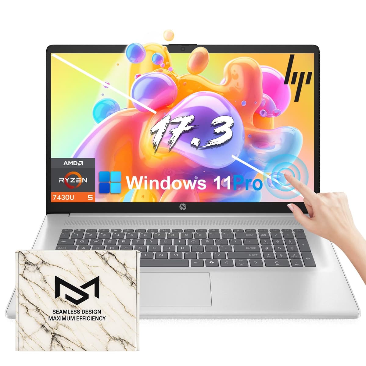 Portátil Empresarial Premium HP - Pantalla Táctil 17.3" HD+ - Ryzen 5 7430U (hasta 4.3 GHz) - Copilot AI - Wi-Fi 6 - Carga Rápida - Teclado Numérico - Windows 11 Pro con Bundle (32 GB RAM, 1 TB SSD) HP 17