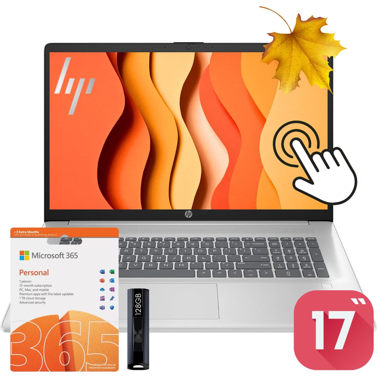 HP laptop táctil de 17.3" con 12 meses de Office 365, 32 GB de RAM, 2 TB de almacenamiento (1 TB SSD con unidad portátil de 128 GB y 1 TB de almacenamiento en la nube), procesador Intel de 4 núcleos, HDMI, Type-C, Windows 11 0001tg