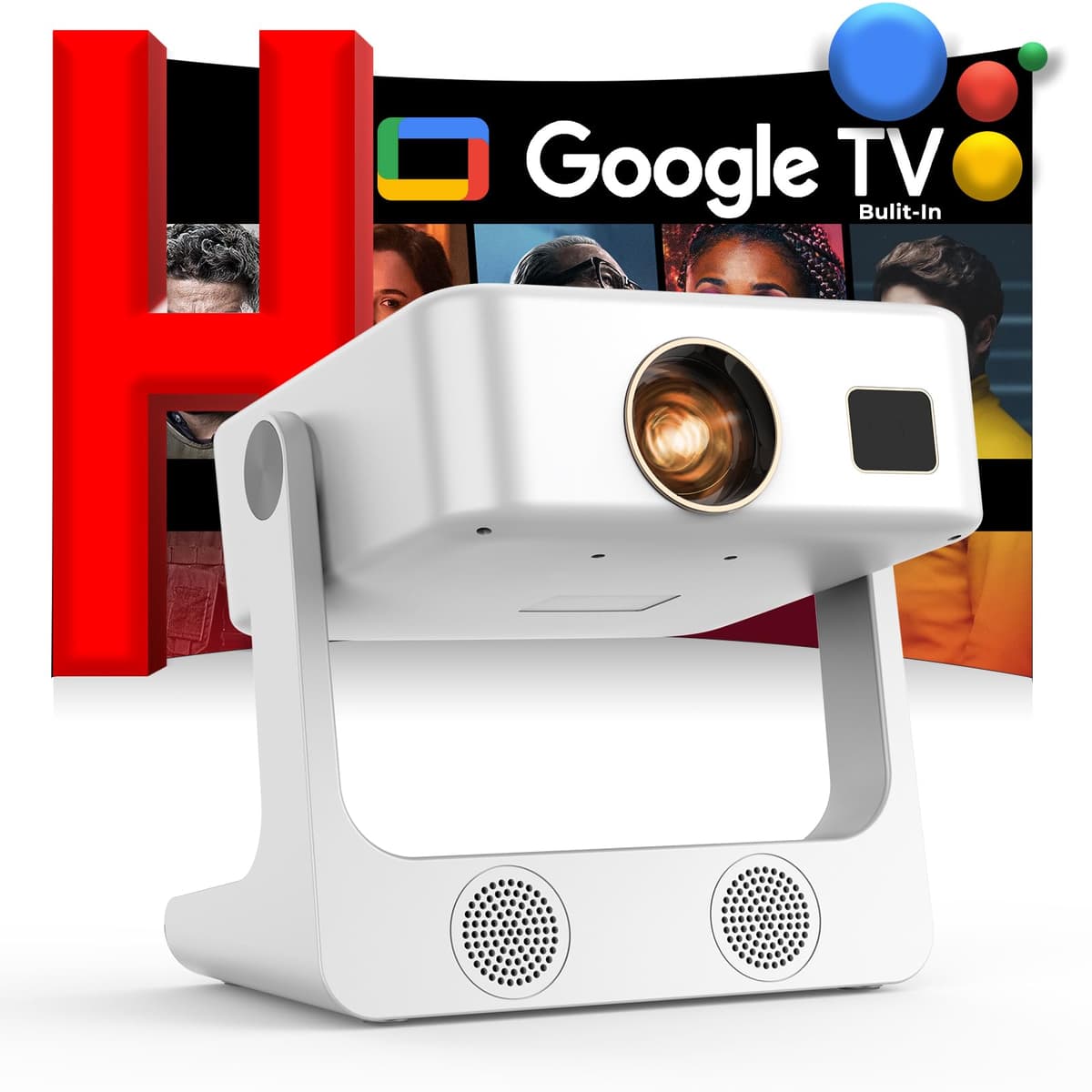 Proyector 4K con WiFi y Bluetooth: [Google TV/1500 ANSI/Control por voz/Apps integradas] Proyector para exterior, proyector portátil para películas, proyector inteligente Sovboi 1080P para casa-techo con soporte 180°/Pantalla de 300'' S61Pro