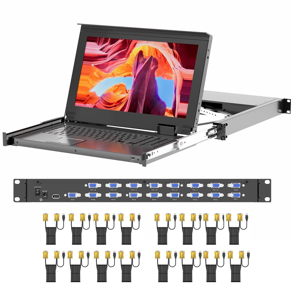 Arvitek Consola KVM 1U 15.6" 1080P VGA para 16 Puertos con Teclado y Touchpad AT-1516UL