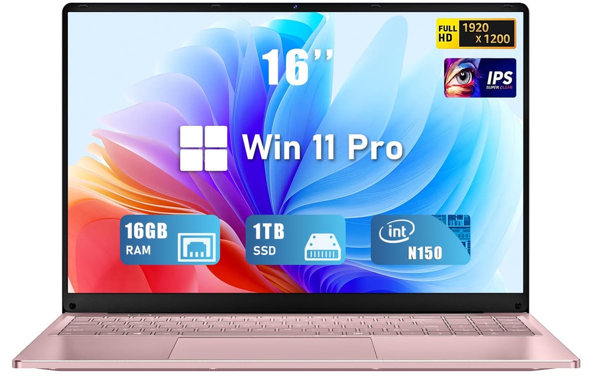 FUNYET Portátil Gaming, Windows 11 Pro 2026, Pantalla 16 pulgadas, 16 GB RAM 1 TB SSD, Procesador N150 (hasta 3.6 GHz), Teclado retroiluminado. Oro rosa. NY-08