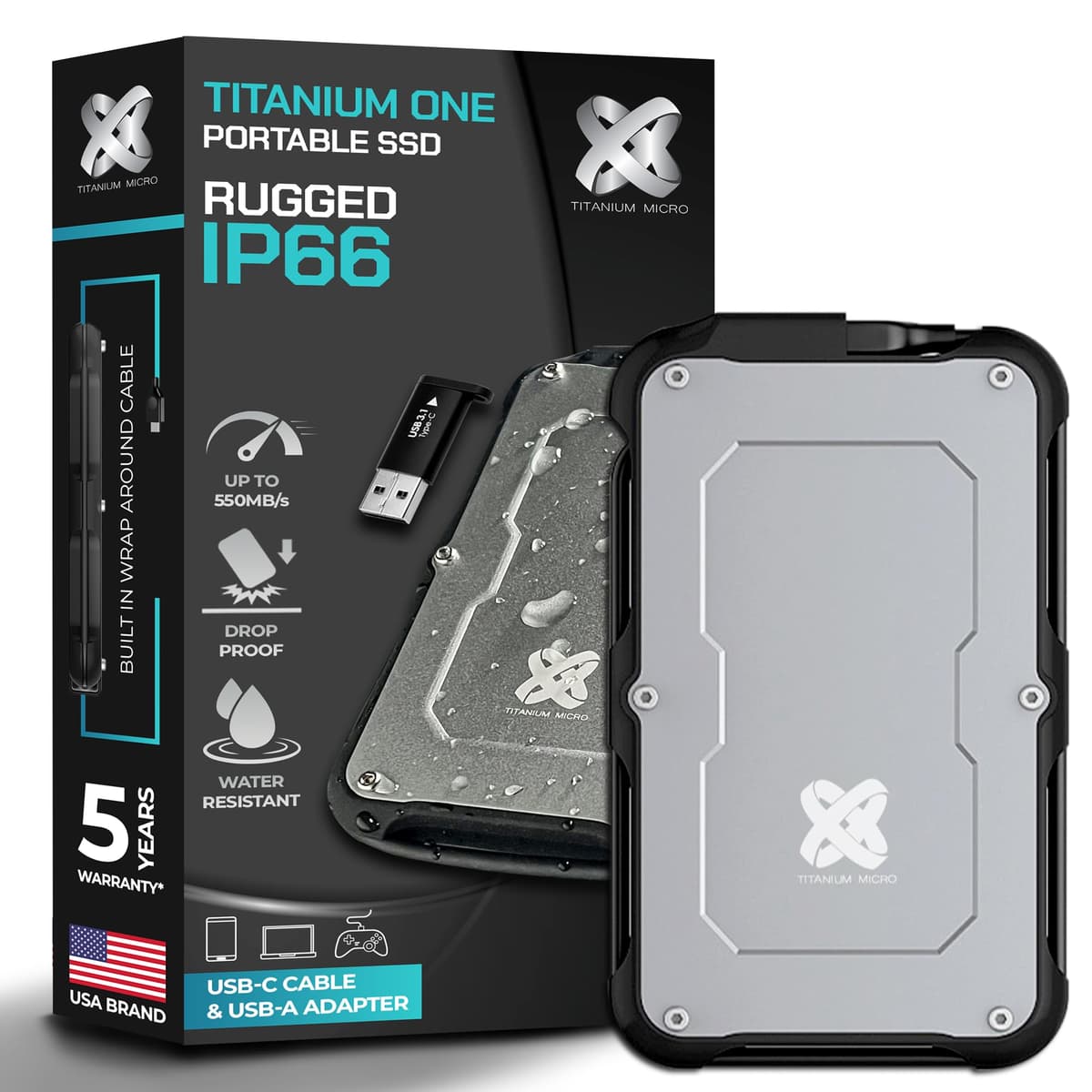Titanium Micro Titanium One SSD portátil 8TB, hasta 550MB/s, USB-C (USB 3.2 Gen 2), Rugged IP66 TTOSSD