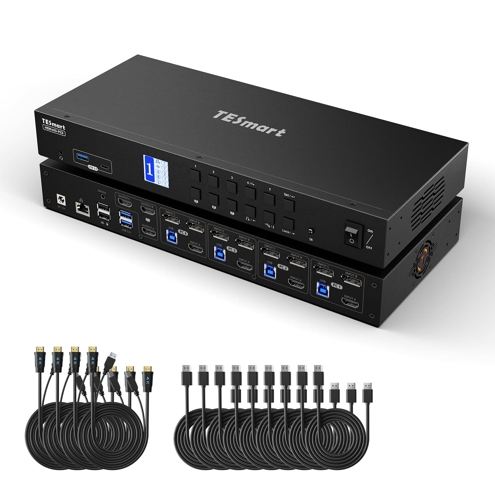 TESmart KVM USB 3.0 para 4 PCs y 3 monitores 4K@60Hz con Ethernet, EDID y audio HDK403-P23-USBK