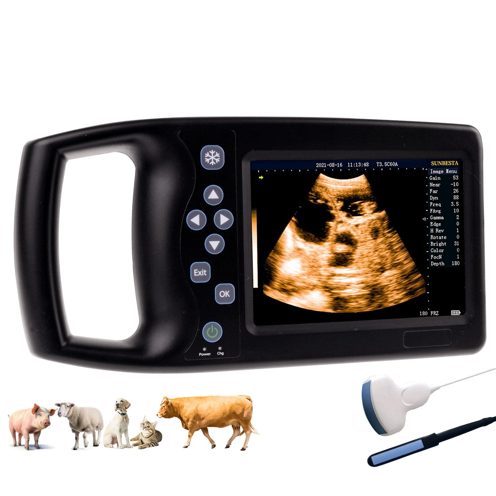 SUNBESTA A8 Ecógrafo Veterinario Portátil ABS, Pantalla 5.7", Multilenguaje, Probes Impermeables, Maletín