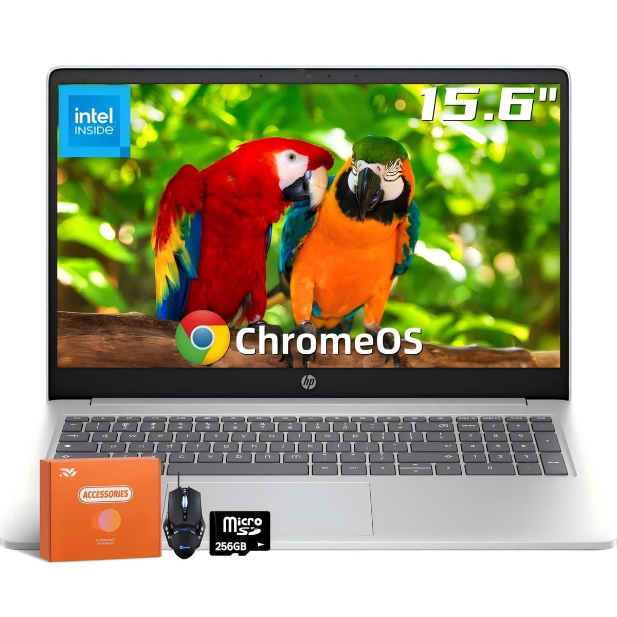 HP Chromebook 15.6", Procesador Intel N200, 8GB RAM, Almacenamiento 320GB (64GB eMMC + 256GB MSD), Pantalla HD Antirreflejo, Gráficos UHD, Larga Duración de Batería, WiFi, Chrome OS, con Accesorios HP Chromebook Laptop