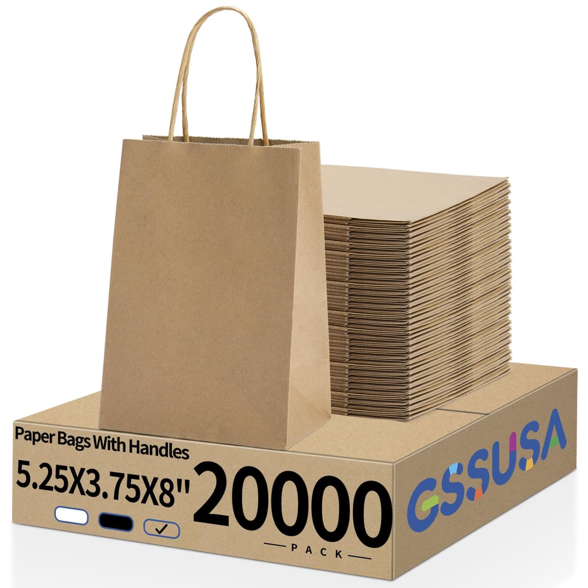 GSSUSA Paper Gift Bags 5.25x3.75x8 Inch - 20,000 pack (Brown)