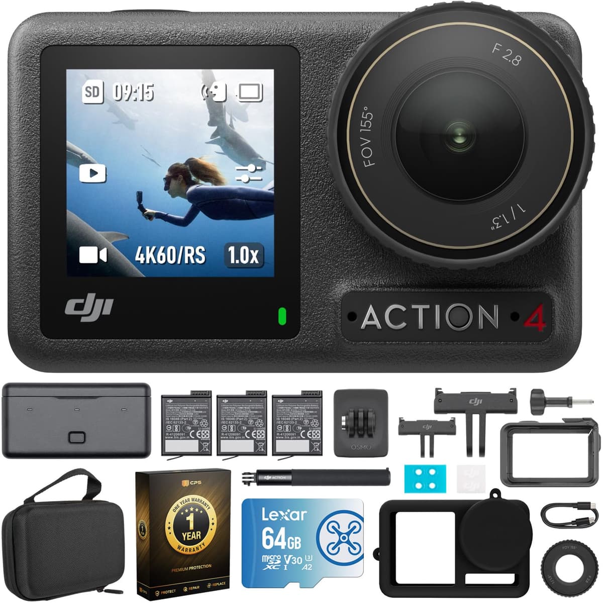 DJI Osmo Action 4 Adventure Combo - Cámara de acción 4K resistente al agua con estuche y tarjeta Lexar 64GB E2DJIOSMOACT4AC