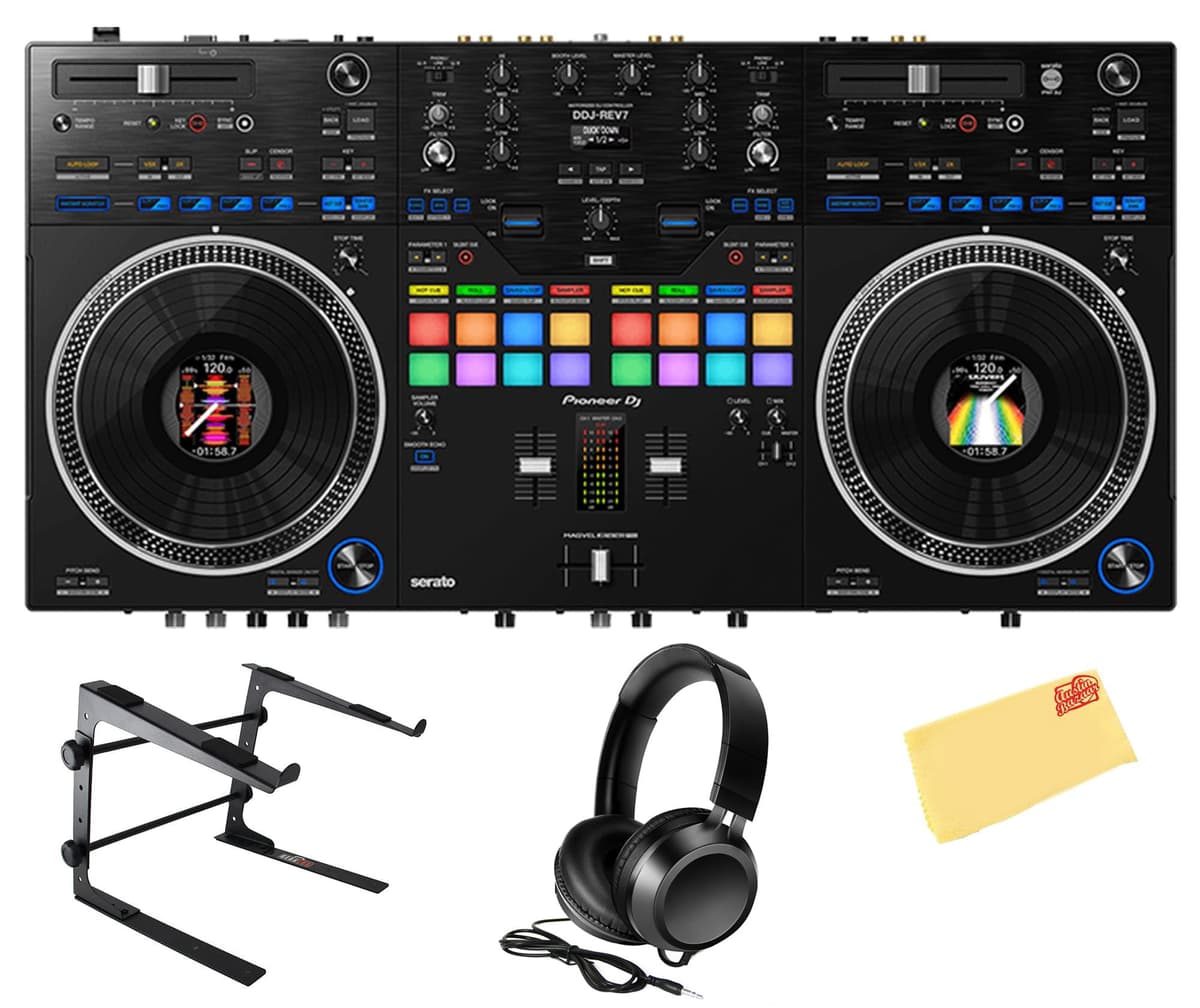 PIONEER DDJ-REV7 Controlador DJ profesional de 2 canales estilo scratch - paquete negro con soporte para laptop, auriculares y paño de pulido Austin Bazaar AUS-DDJ-REV7-COMBO-DLX