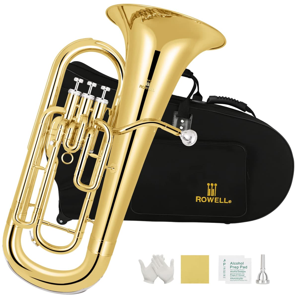 ROWELL Euphonium Sib de 3 pistones, latón con acabado lacado dorado, incluye estuche y guantes