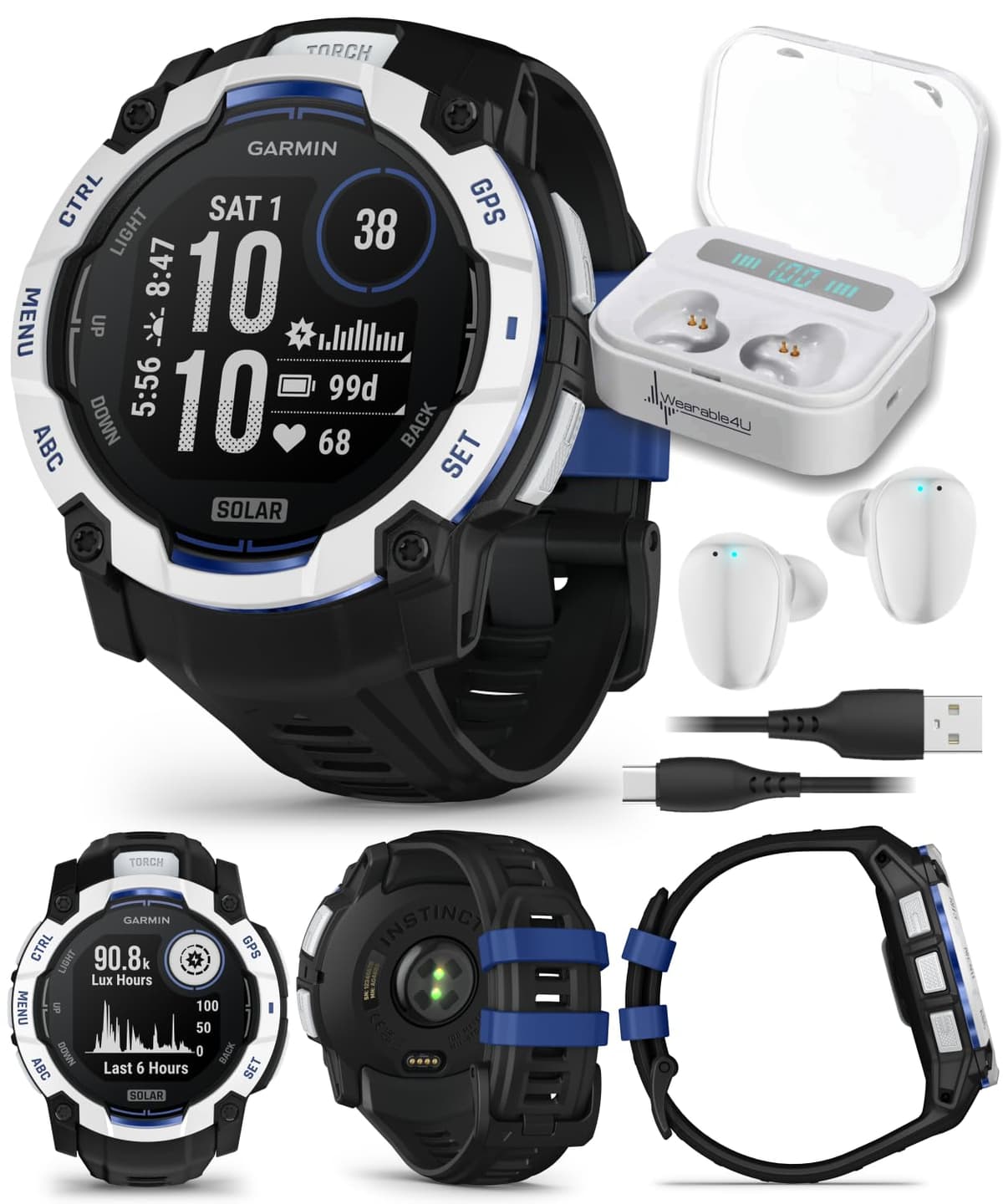 Wearable4U Garmin Instinct 3 Reloj Inteligente GPS Rugero para Exteriores - 50 mm Solar, Supernova, Edición Limitada, Seguimiento de Salud y Fitness, Linterna Integrada, Whitestone/Negro/Azul con Auriculares Blancos TWS X7-1