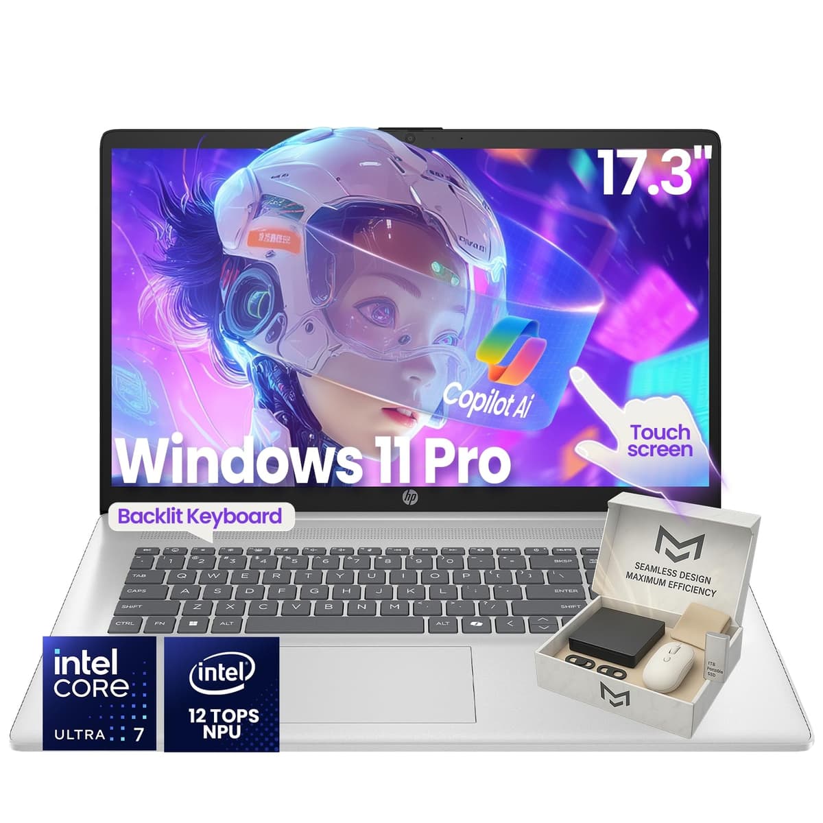 Laptop empresarial HP de 17 pulgadas con pantalla táctil · Intel Ultra 7 255U de 12 núcleos · 12 TOPS NPU · Compatible con AI Copilot · Pantalla HD+ · Teclado retroiluminado · Cámara con privacidad · Windows 11 Pro · con accesorios (64 GB DDR5 | 2 TB SSD)