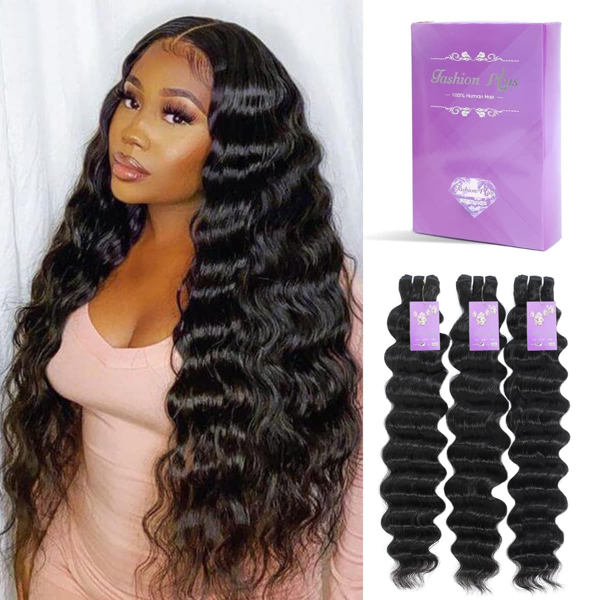 FASHION PLUS Raw Loose Deep Wave Bundles Human Hair 26/28/30 Triple Lifespan