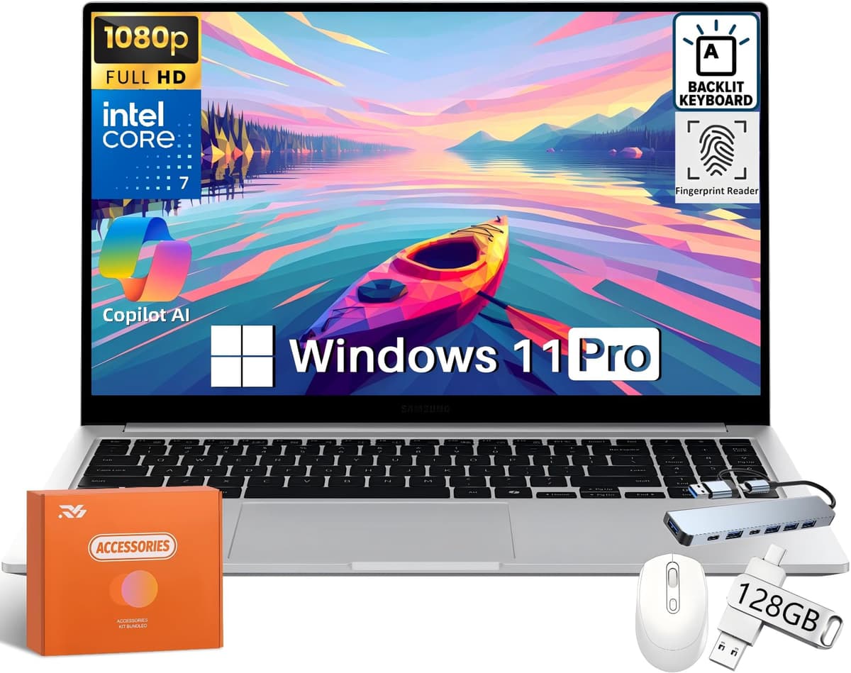 Samsung Galaxy Book4 Business Laptop Copilot AI PC, pantalla FHD 15.6", Intel Core i7-150U de 10 núcleos, 16 GB RAM, 512 GB SSD, 128 GB UFD, hub USB 7 en 1, teclado retroiluminado, lector de huellas, Wi-Fi, Bluetooth, HDMI, Windows 11 Pro