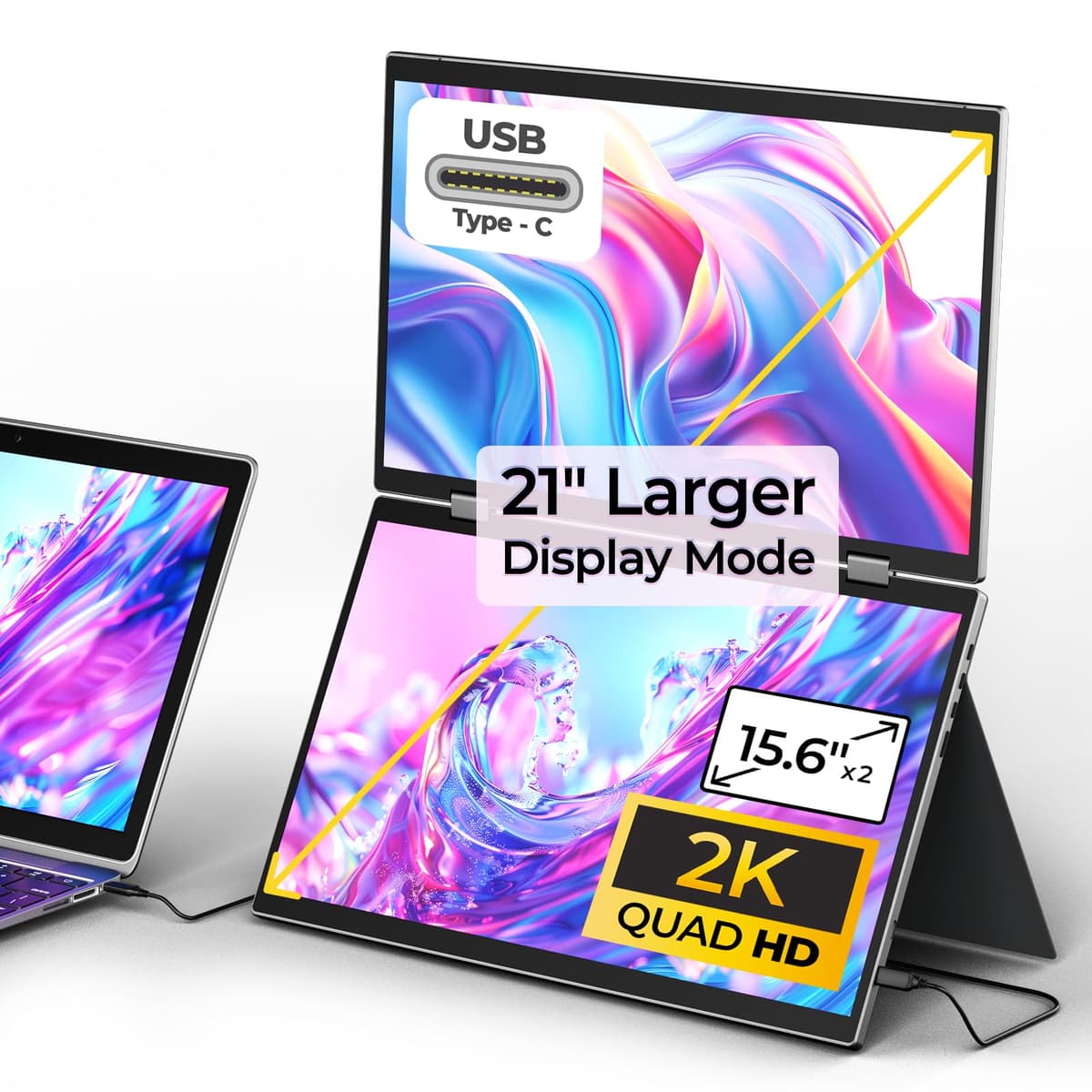 YUBWVO Monitores Portátiles Duales, Monitor Dual de 15.6” 2K para Laptop (Win/Linux), Funda Protectora/Soporte Integrado, Rotación 360° y Extensor de Pantalla Triple USB-C para Laptop, Plug & Play aae0db45-afcf-442e-87f3-b0b000b2ba26