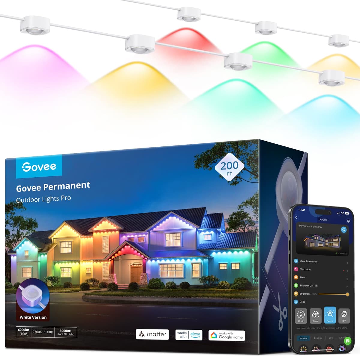 Govee Permanent Outdoor Lights Pro, 200ft, 120 LEDs RGBIC, resistentes IP67, blanco H706C101