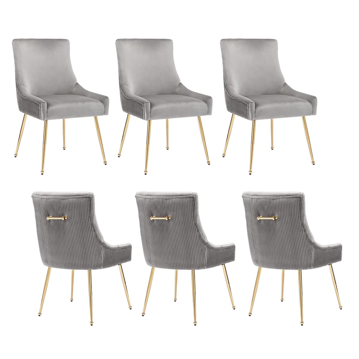 adochr Silla de comedor terciopelo set x6 con patas doradas y respaldo plisado (gris)