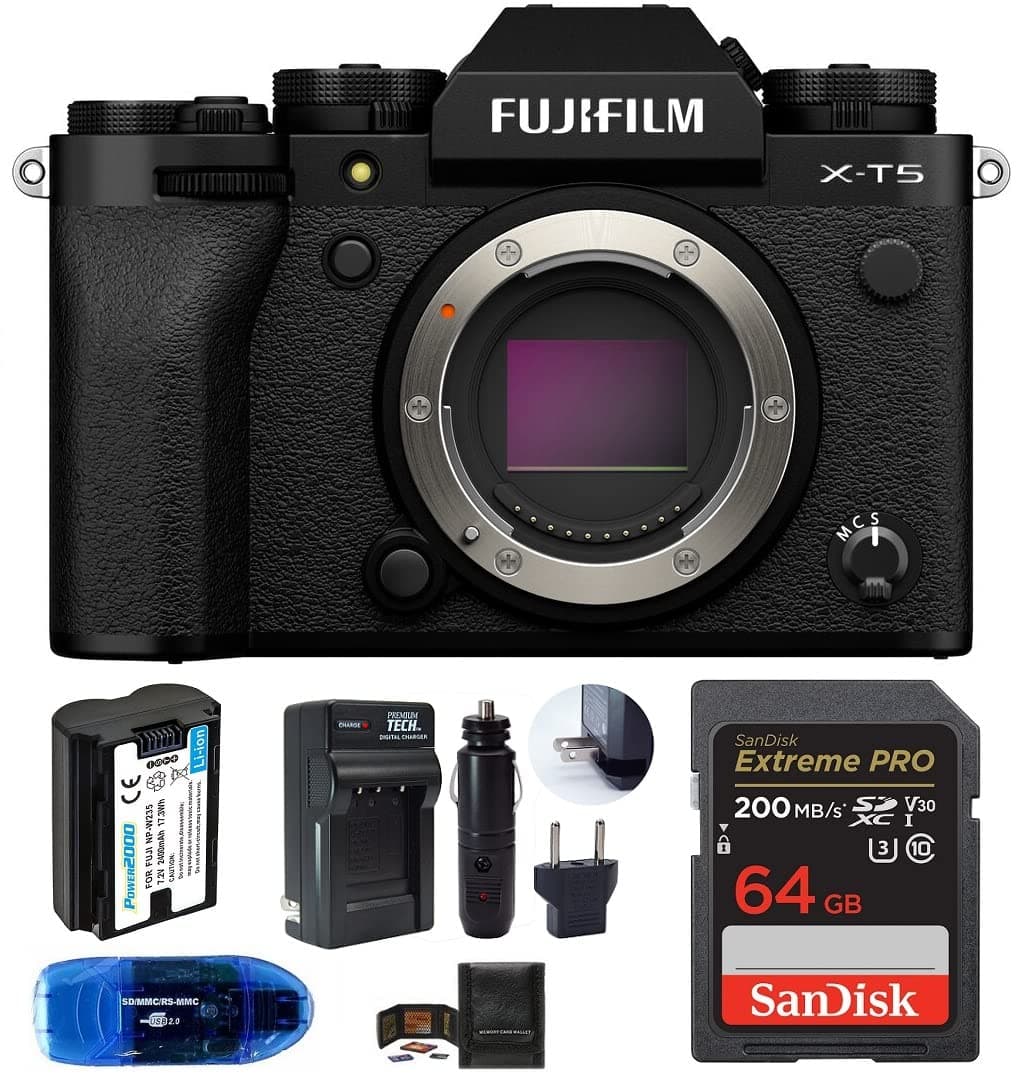 Fujifilm X-T5 Cuerpo Mirrorless - Bundle con SanDisk 64GB, Batería de Repuesto y Más (Negro) FJX-T5-64X-CH-6PCS