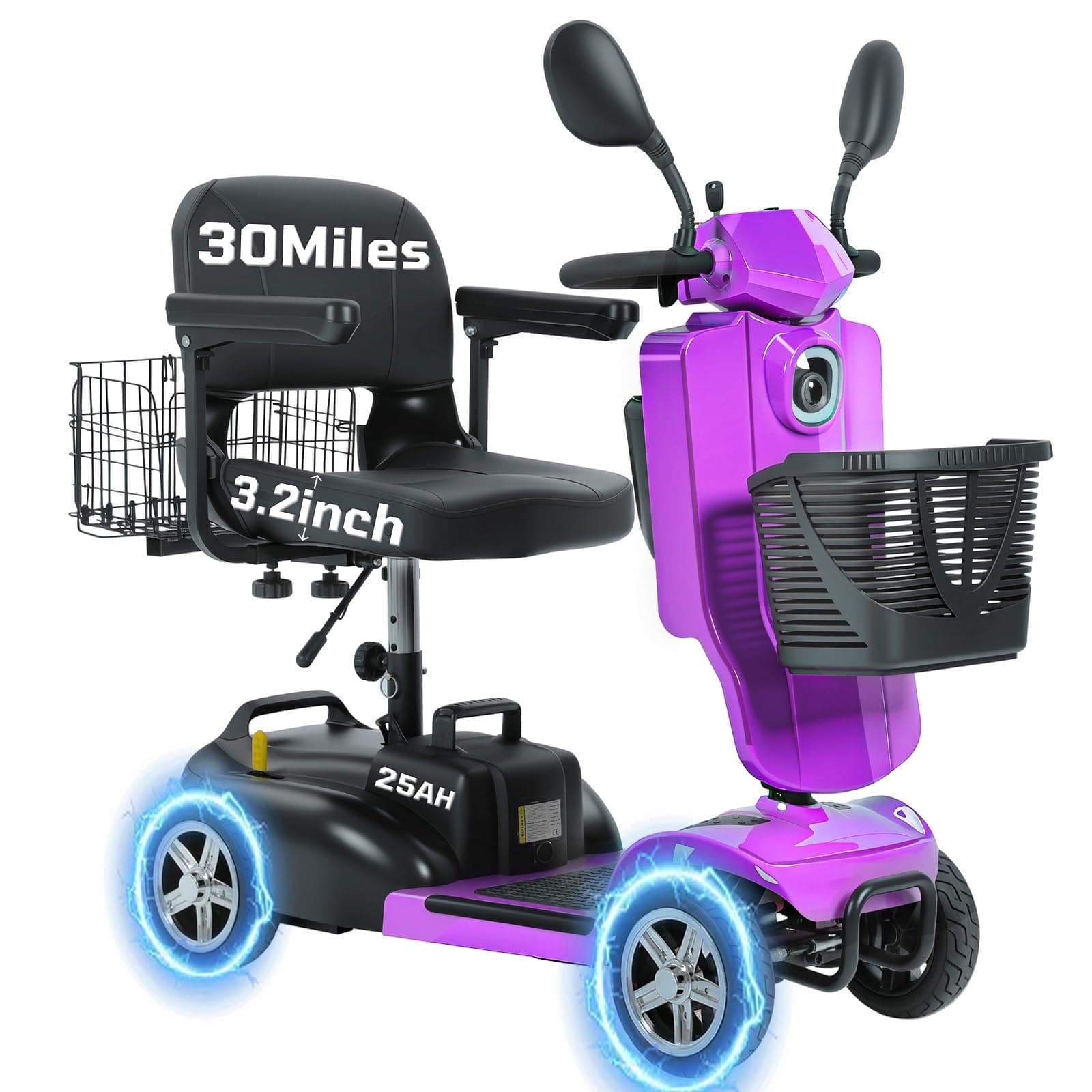 Ecomobi MS02 PRO 4 Wheels Mobility Scooter 350W - Plegable, asiento acolchado ampliado, 25AH (hasta 30 miles) MS02PROZ-25Ah with 25Ah Battery