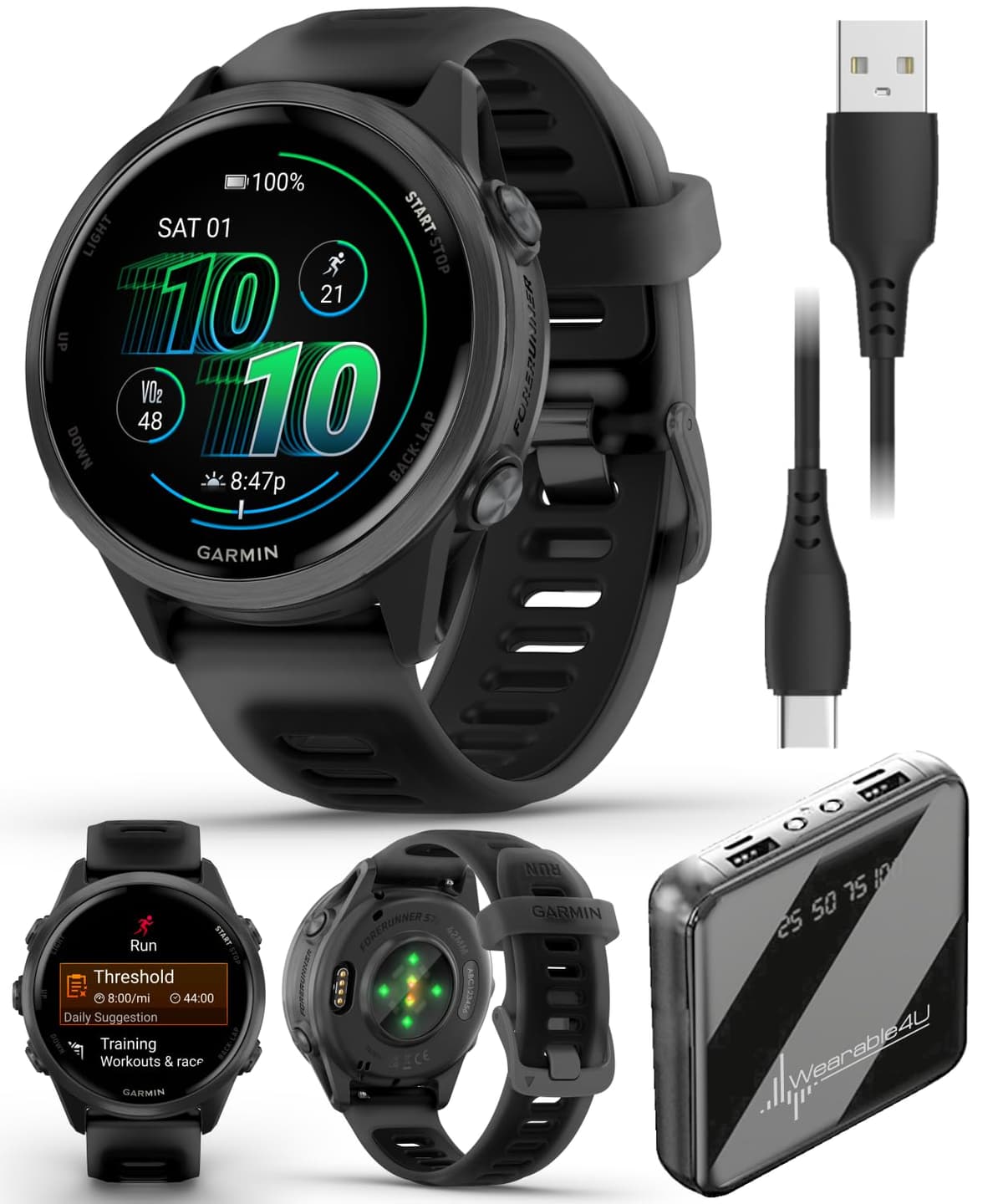 Garmin Forerunner 570 42 mm Reloj Inteligente Avanzado para Correr y Triatlón con GPS, Pantalla AMOLED, Funciones de Entrenamiento y Recuperación, Aluminio Gris Pizarra con Correa Negra Translúcida/Negra con Paquete Wearable4U PowerBank