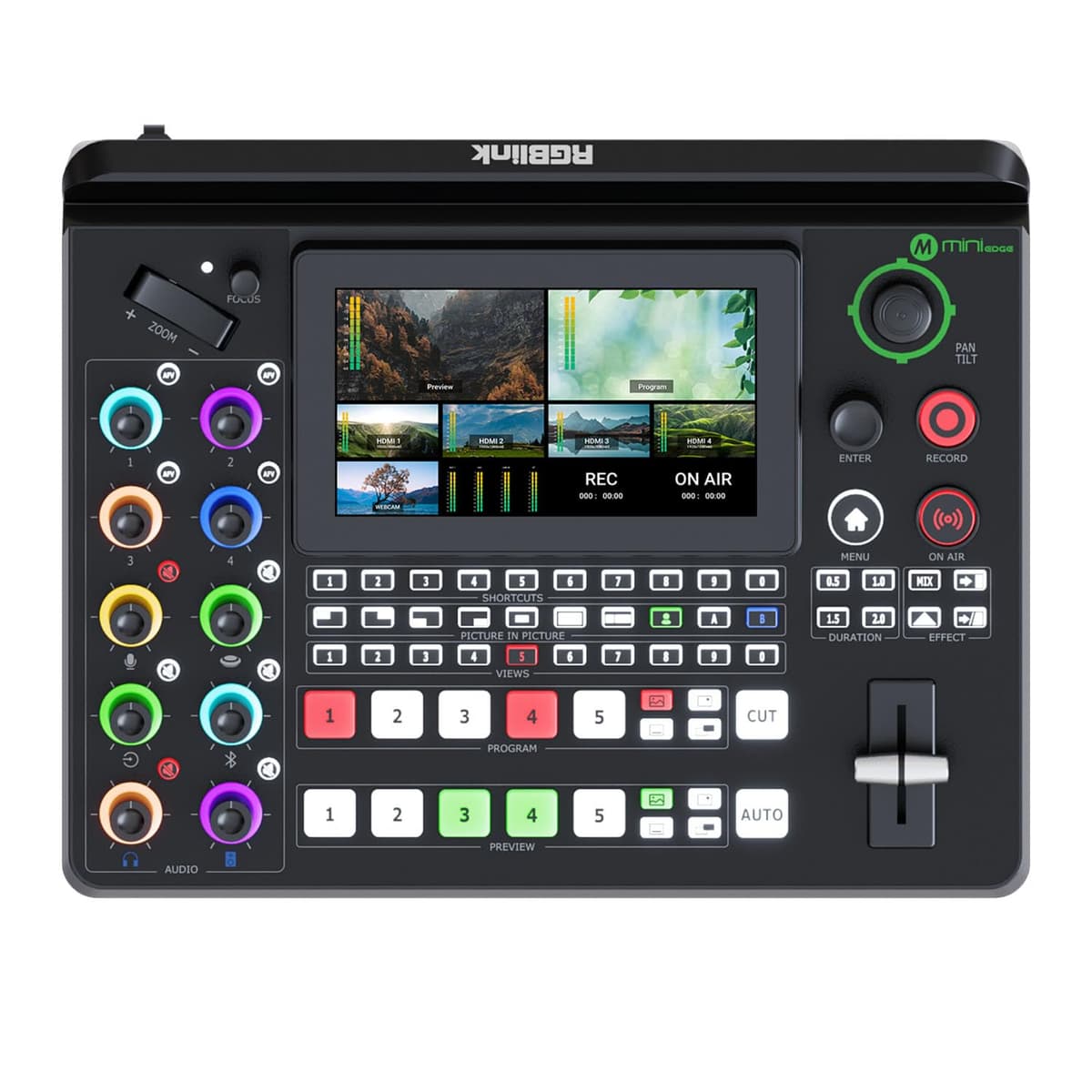 RGBlink mini-Edge, mezclador y conmutador de video todo en uno 4K con controlador PTZ multicámara, entrada de audio de 8 canales y 5 entradas de video - solución de producción para transmisión en vivo, podcasting y creación de contenido 230-0006-01-0