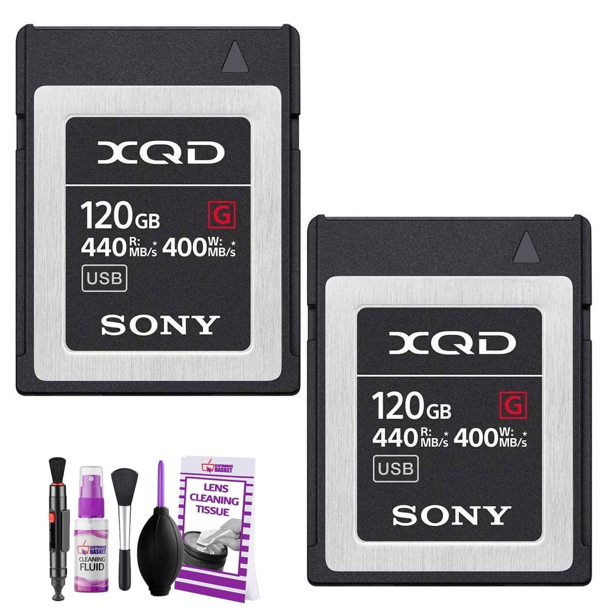 Sony Professional Tarjeta de Memoria XQD G-Series 120GB (QD-G120F) (Paquete de 2) + Kit de Limpieza de Cámara de Regalo QD-G120F-9