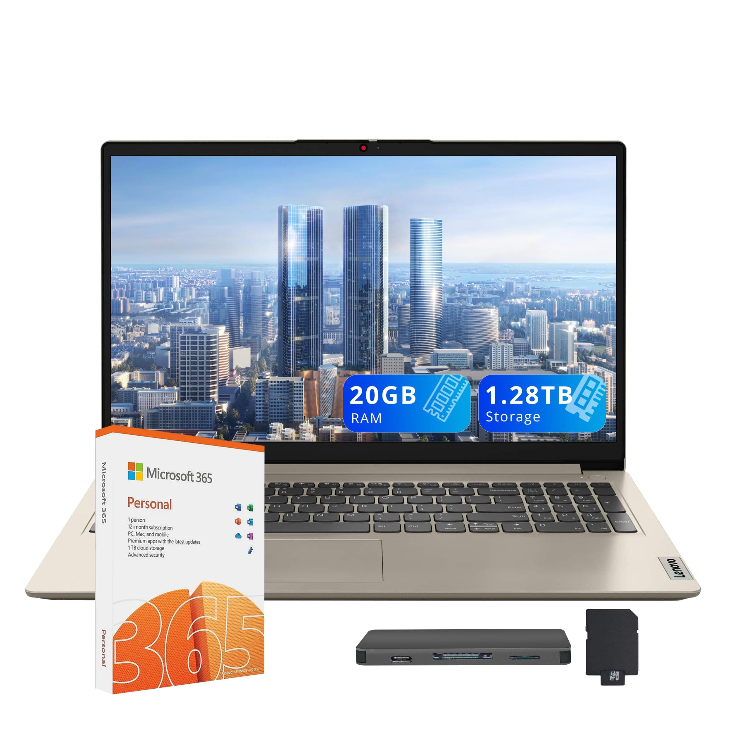Lenovo IdeaPad 1 15.6" HD Laptop, Intel Celeron N4500, 20 GB RAM, SSD 1 TB + eMMC 128 GB, Intel UHD Graphics, Copilot, teclado numérico, cámara web, 1 año Office 365, Windows 11, color Arena, set de estación de acoplamiento 160 GB