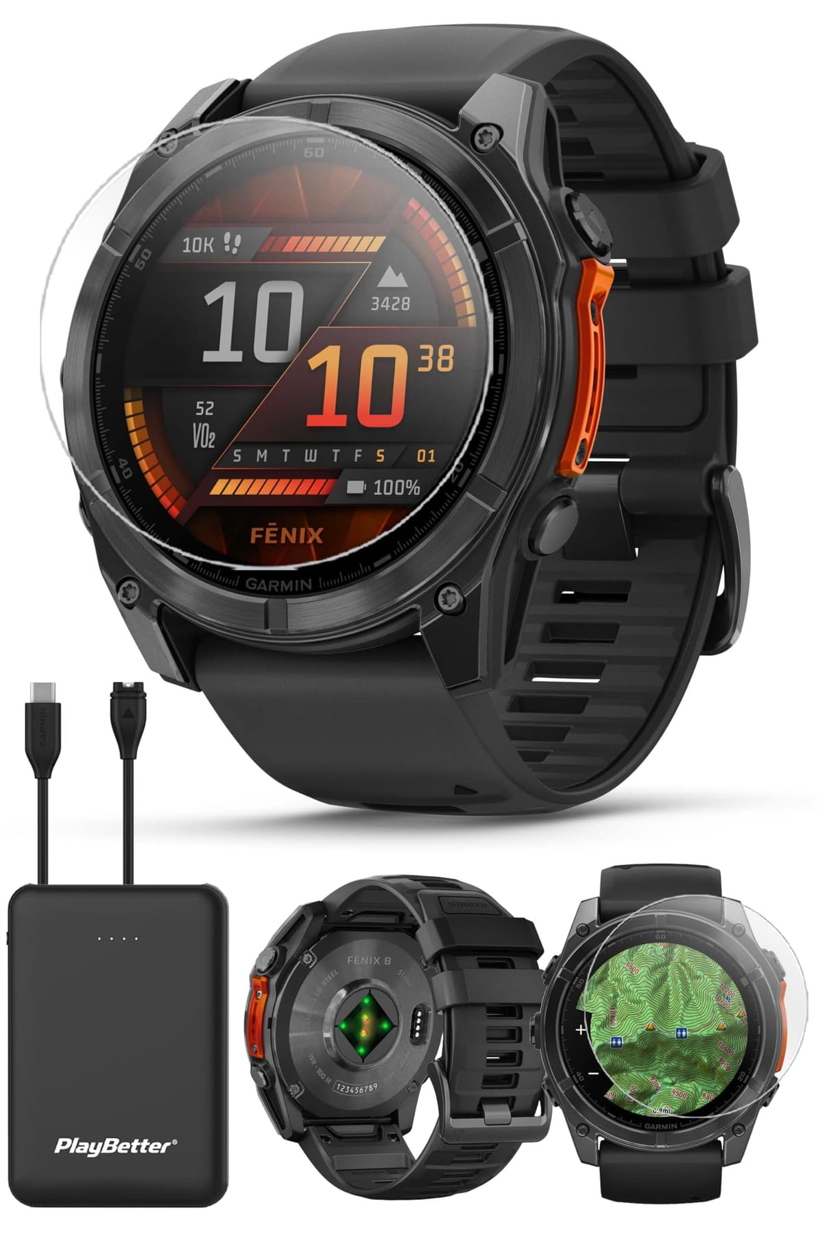 PlayBetter Garmin Fenix 8 AMOLED (51mm, Slate Gray/Black) Multisport GPS Smartwatch Bundle - 1.4” Touchscreen, Linterna LED, Cargador Portátil y Protectores 010-02905-00 (Watch) | Z05 (Charger)