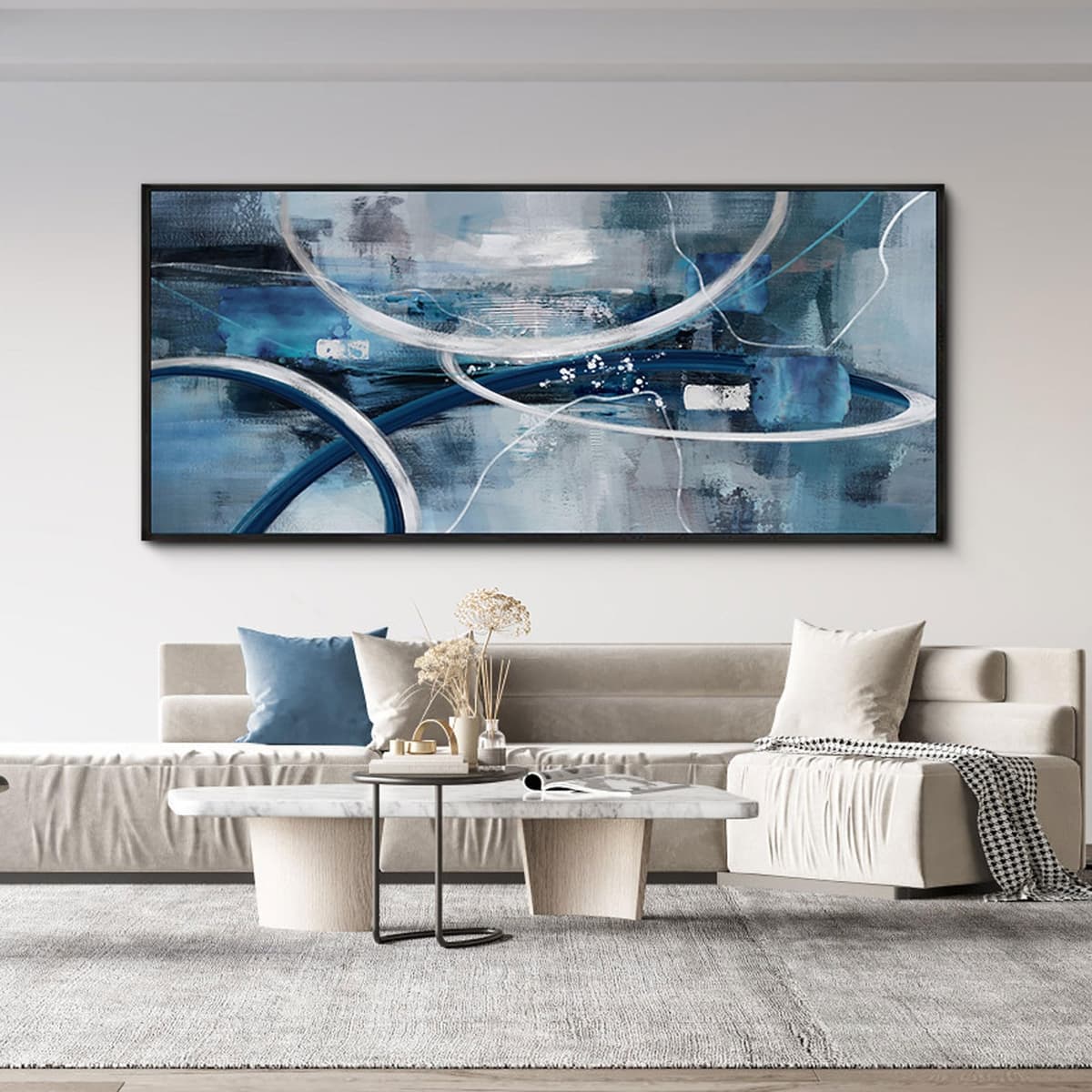 XLSJERST Arte abstracto grande 86x39 pulgadas - Lienzo moderno en tonos negro, blanco y azul