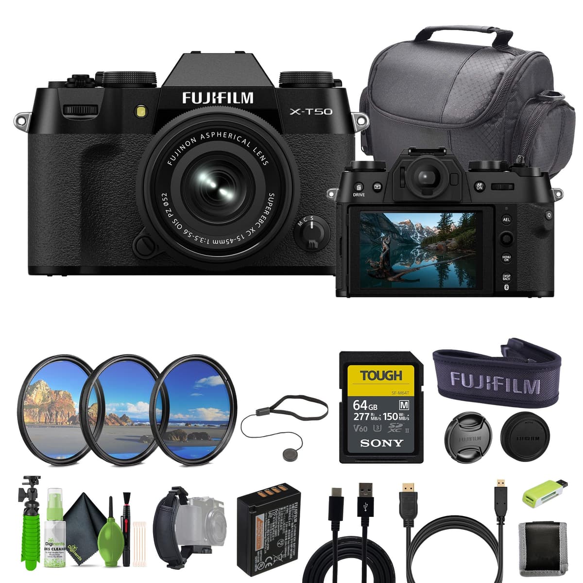 Fujifilm X-T50 Mirrorless Cámara en Negro con Lente XC15-45mm y Kit de Accesorios 16828777-AG2