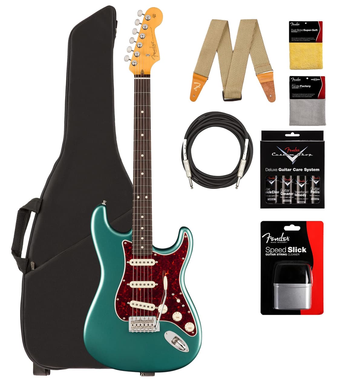 Fender American Professional Classic Stratocaster - Faded Sherwood Green Metallic Bundle con funda, correa, cable y kit de limpieza AUS-0114940374-COMBO-STD