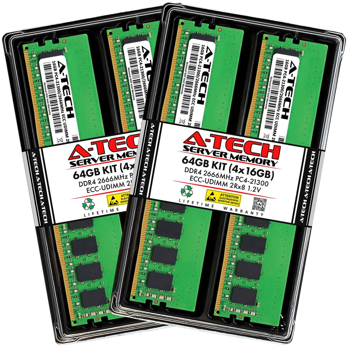 Kit A-Tech para servidor 64GB (4x16GB) DDR4 2666MHz PC4-21300 ECC UDIMM 2Rx8 Dual Rank 1.2V ECC sin búfer DIMM de 288 pines Módulos de memoria RAM para servidor y estación de trabajo (Serie Empresarial A-Tech) AT16G4D4D2666ED8N12V