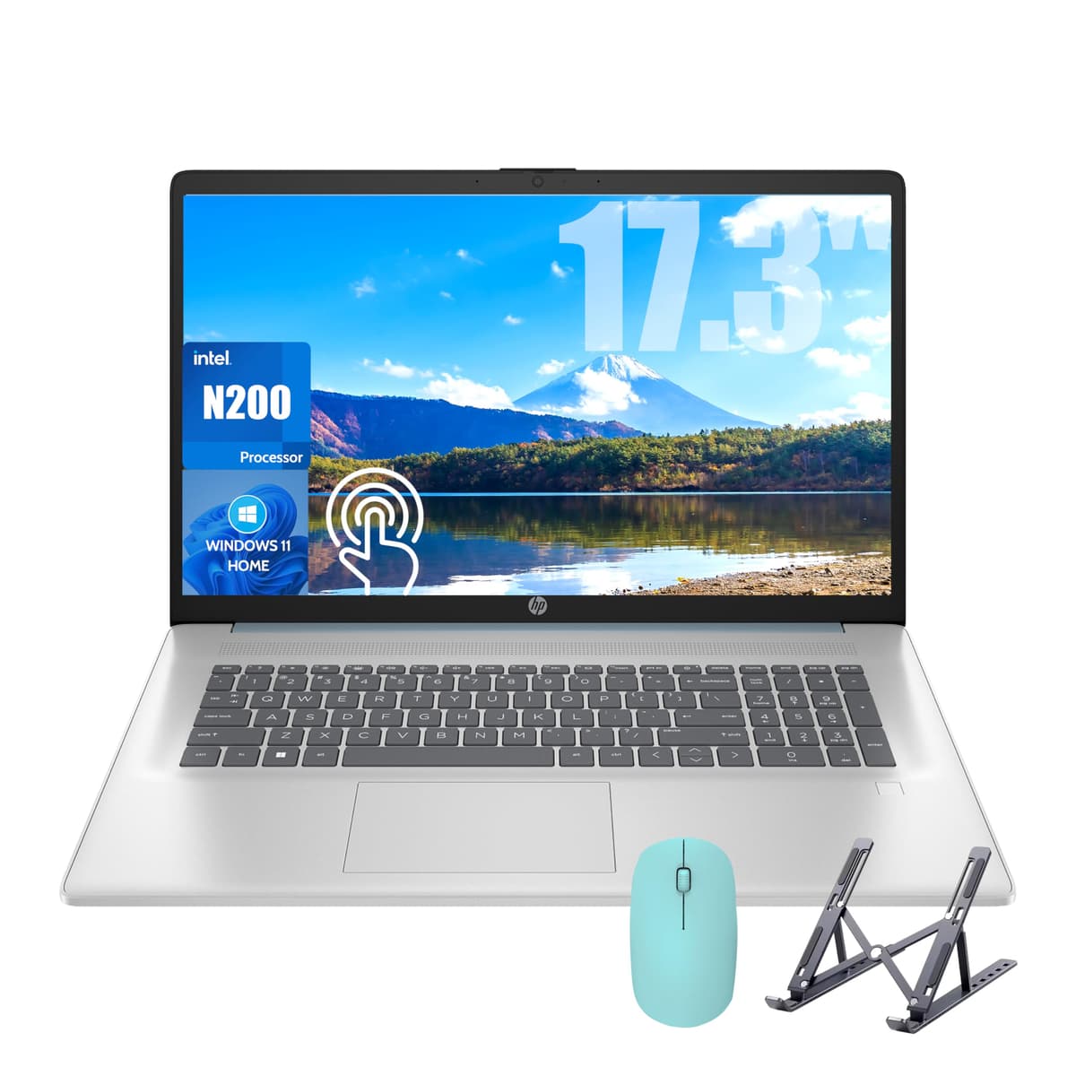 HP 17 Portátil, pantalla táctil 17.3'', procesador Intel Quad-Core N200, 16GB RAM, 512GB SSD + 128GB SSD, cámara web, teclado numérico, Windows 11 Home, accesorio Fatcayes, azul (reacondicionado)