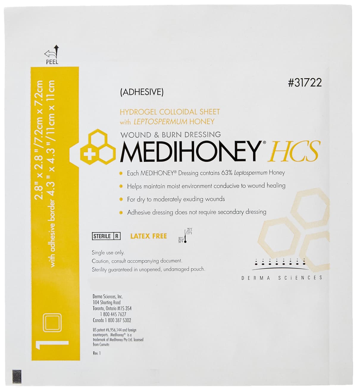 Derma Sciences Medihoney HCS Vendaje Hidrogel Coloidal Adhesivo 2.8" x 2.8" (Pack de 10) 31722