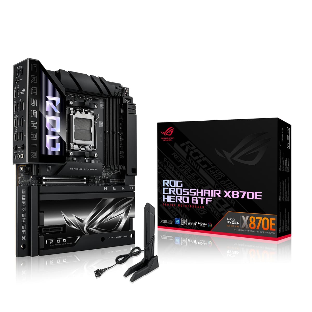 ASUS ROG Crosshair X870E Hero BTF Placa AMD ATX con Diseño de Conector Oculto y Ranura GPU de Alta Potencia para Gestión de Cables Limpia, 18+2+2 de Alimentación, DDR5, WiFi 7,5x M.2, PCIe 5.0, USB4, Preparada para PC con IA Avanzada