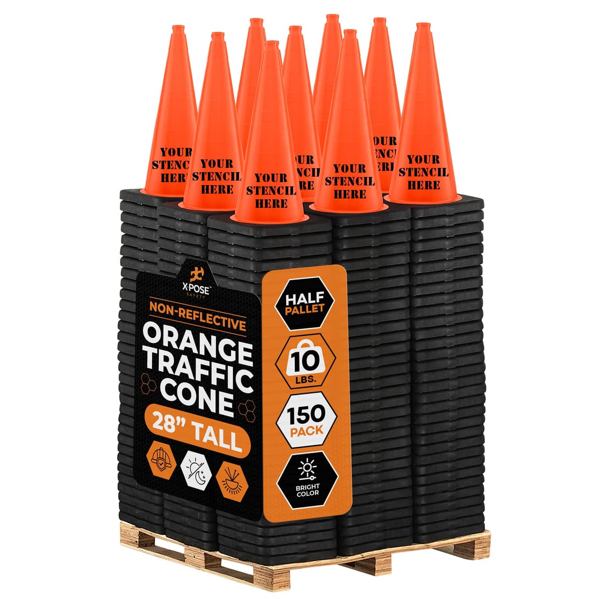 Xpose Safety 28 Inch Orange Traffic Cones Heavy Duty 10lb - Bulk Half Pallet 150 Pack - Conos de tráfico naranjas 28" (half pallet 150 unidades) OTC28-10L-HP150-X