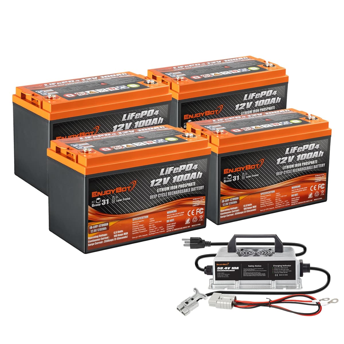Enjoybot pack de 4 baterías LiFePO4 12V 100Ah con BMS 100A y cargador 58.4V 10A 12V100Ah 4Pack+58.4V10A