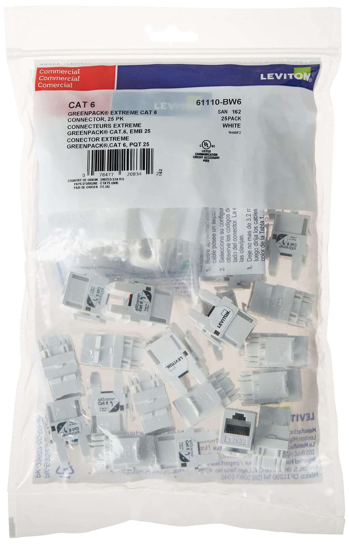Conector QuickPort Leviton Extreme 6+ CAT6 blanco, 61110-JW6, pack 150
