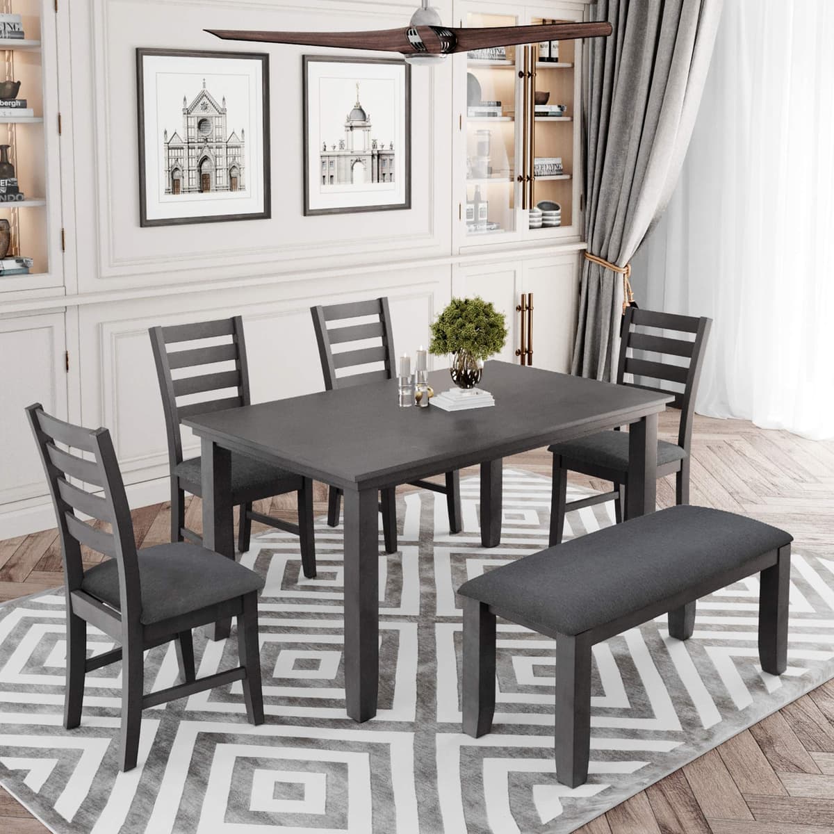 Longrune 6 Piece Dining Room Set con mesa, banco y 4 sillas, comedor de cocina rústico de madera, gris 1