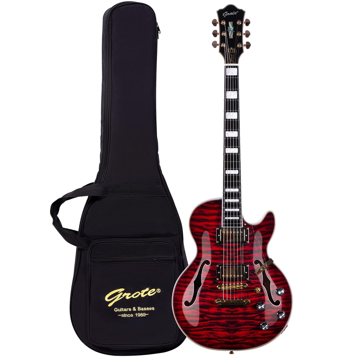 Grote LPF-001 Guitarra eléctrica semi-hueca con doble impresión de arce, split de bobinas y funda - Red