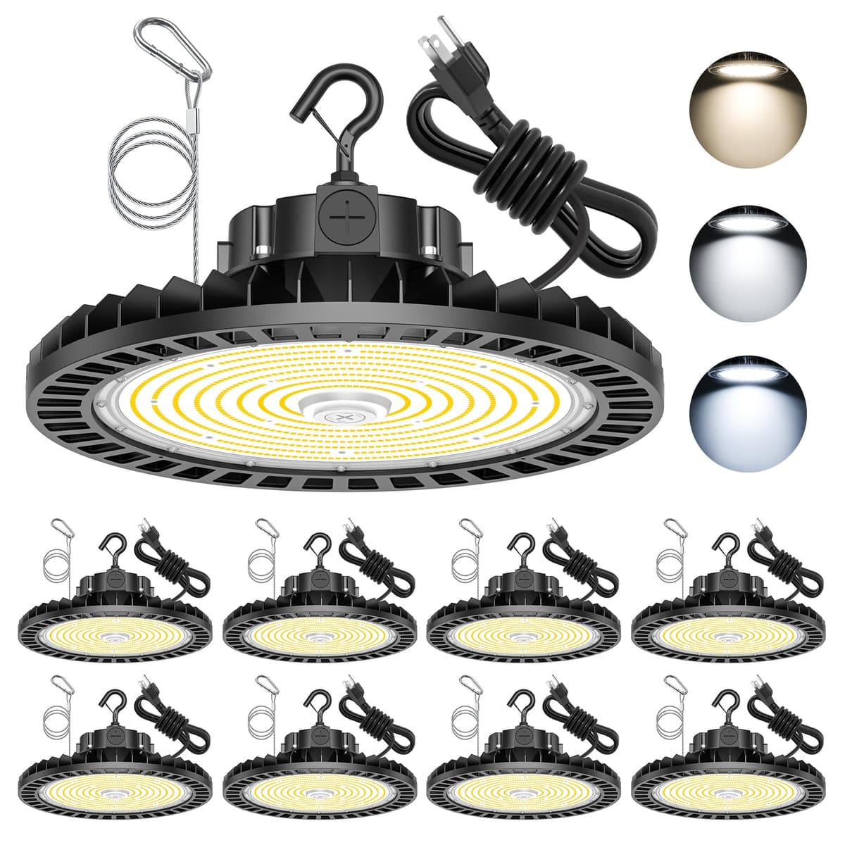 ADUB Paquete de 9 Luces LED High Bay UFO 240W/200W/150W Ajustables 5700K/5000K/4500K Regulables DLC ETL 36000LM Luz Comercial IP65 para Almacén Taller Gimnasio, Cable de 5' con Enchufe, 100-277V Round